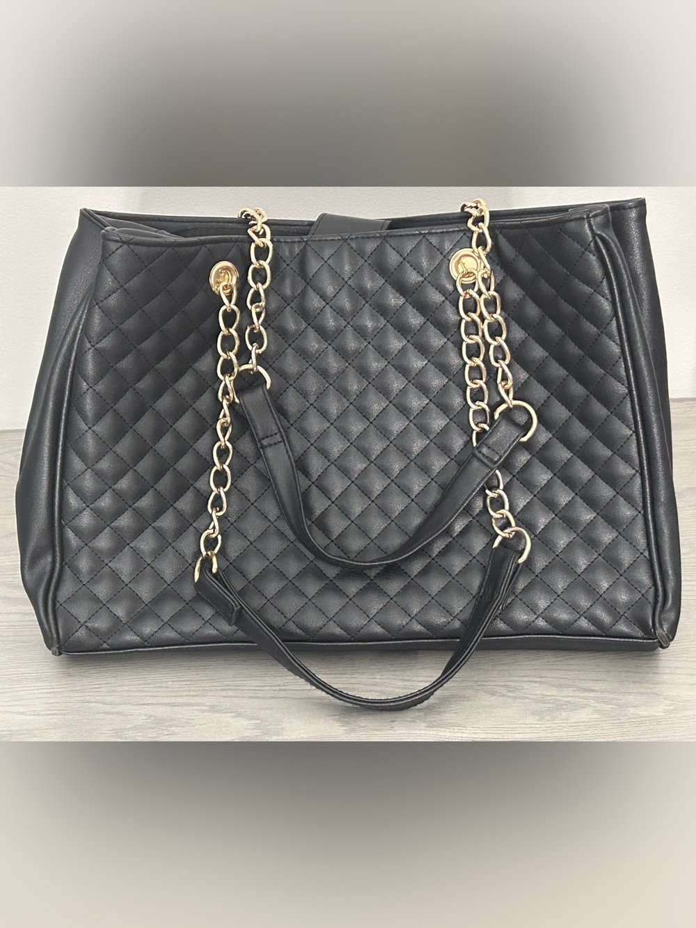 Quilted Black Gold Chain-Handle Tote Bag